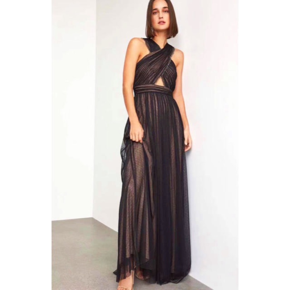 BCBGMAXAZRIA Womens Beaded Halter Gown Sleeveless Formal Dress - Size 0